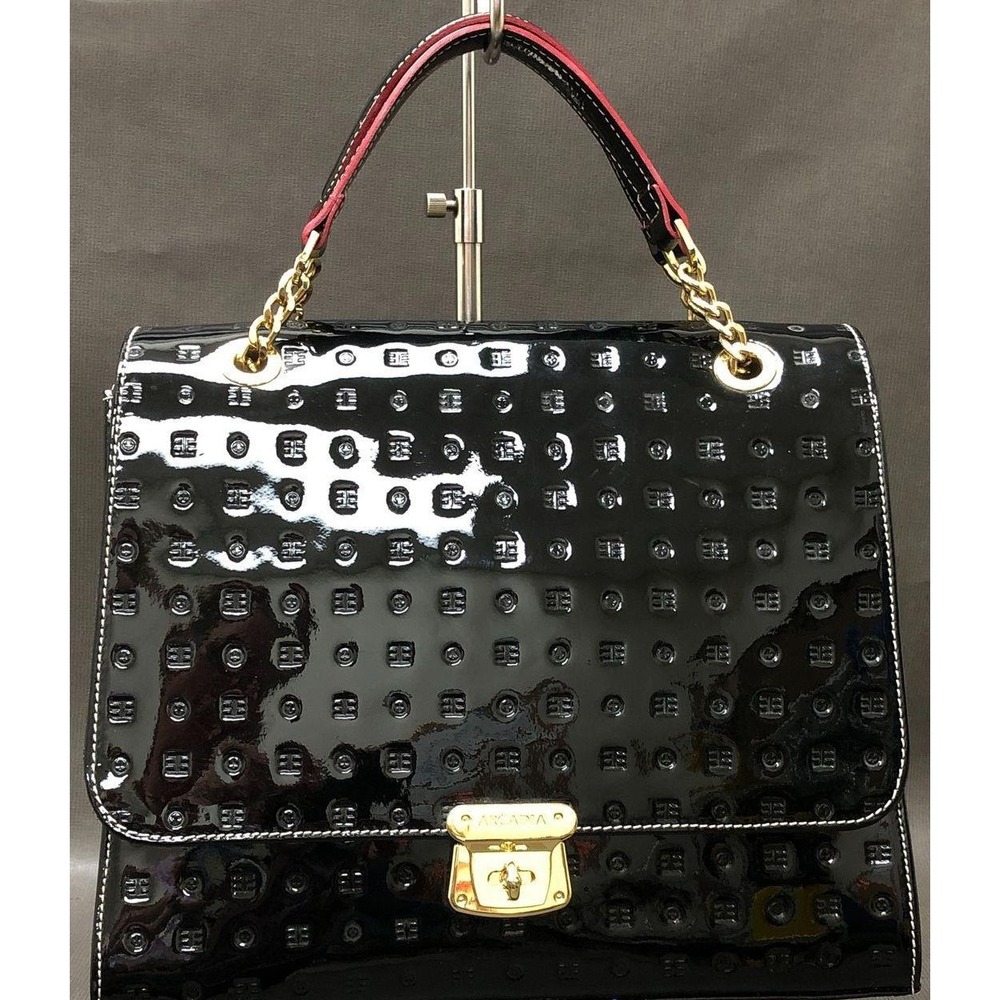 Arcadia Italian Black Patent Leather Python Print Satchel Bag Handbag Made Italy